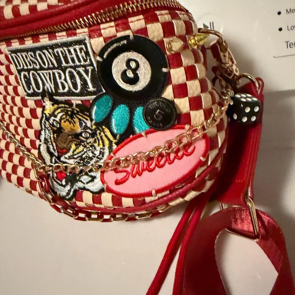 Red and Cream Checkered Crossbody Bag with Embroidered Patch CHARLIE MAREE CO
